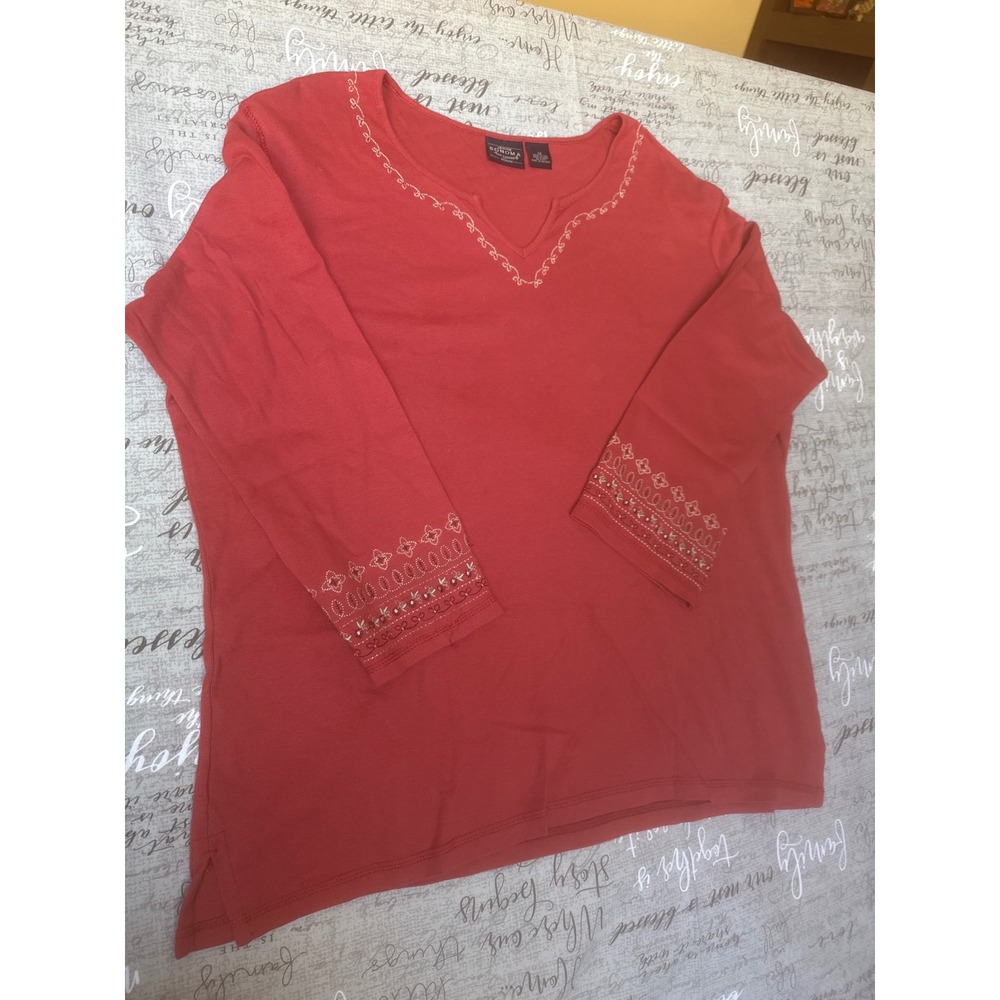 Sonoma TerraCotta Embroidered V-Neck 100%Cotton Top Womens 1X Boho 3/4 SleeveTee